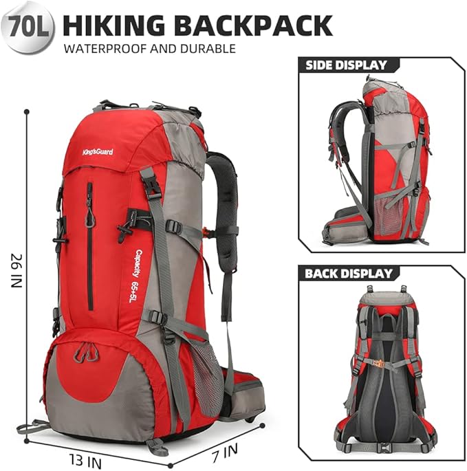 King'sGuard 70L Hiking Backpack Large Lightweight Waterproof Camping Backpack Travel Backpacking Backpack Daypack with Rain Cover -Frameless (Red)