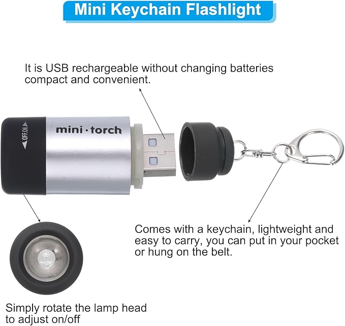 PATIKIL Mini Keychain Flashlight, Pocket LED Flashlight Portable Torch USB Rechargeable for Outdoor Camping Party, Silver Tone