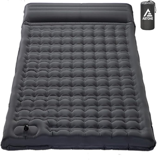 Double Sleeping Pad Camping, Self Inflating 4'' Extra-Thick 2 Person Pillow Built-in Foot Pump Waterproof Inflatable Sleeping Mat Backpacking, Tent, Hiking, Portable Camping Pad (Grey-Double)