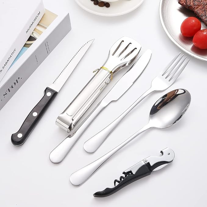Camping Silverware Silver Picnic Plates and Utensils Set for 4 Portable Tableware Stainless Steel Flatware 20 Pieces with Organizer Bag Reusable Durable