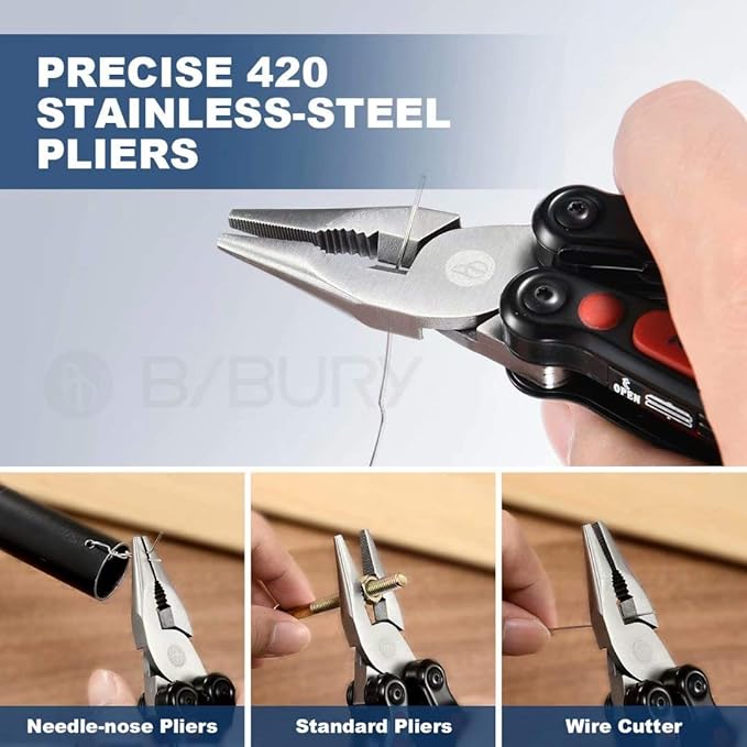 BIBURY Multitool Pliers, 14 in 1 Multi Tool with Flashlight, Scissors, Knife, Stainless Steel Pocket Knife Multifunctional EDC Tool for Camping, Survival, Fishing, Hiking, Hunting