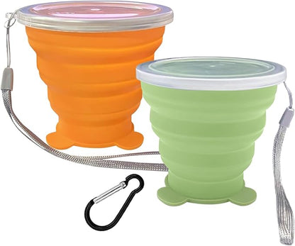 2 Pcs Collapsible Cup, Silicone Collapsible Travel Cup, Expandable Folding Camping Drinking Cup with Lids Reusable Small Portable Mugs Cup for Travel, Camping, Hiking,Outdoor Sports (Orange&Green)