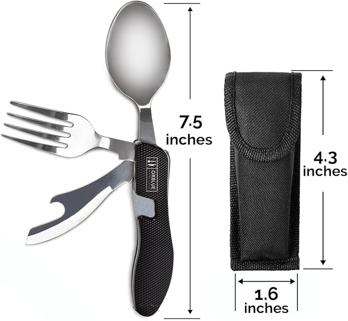 Orblue 4-in-1 Camping Utensils, 2-Pack - Portable Stainless Steel Spoon, Fork, Knife & Bottle Opener Combo Set - Travel, Backpacking Cutlery Multitool, Orange