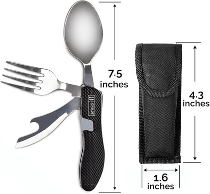Orblue 4-in-1 Camping Utensils, 2-Pack - Portable Stainless Steel Spoon, Fork, Knife & Bottle Opener Combo Set - Travel, Backpacking Cutlery Multitool, Orange