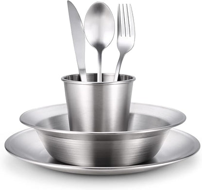 Odoland Camping Complete Messware Kit, Polished Stainless Steel Camp Dinnerware, Camping Cooking Tableware, Cutlery Organizer Utensil with Plates and Bowls Set for Backpacking, Hiking, Picnic