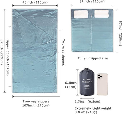 100% Silk Sleep Sack with All Around Zippers, 87”x43” Large Sleeping Sheets for Hotels, Travel & Camping, Multifunctional Travel Sheets (Unzipped:87”x87”) for Adults, Lightweight, All Season