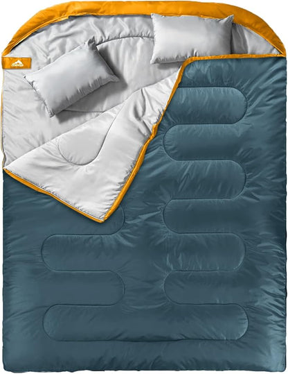 MEREZA Double Sleeping Bag for Adults Mens with Pillow, XL Queen Size Two Person Sleeping Bag for All Season Camping Hiking Backpacking 2 Person Sleeping Bags for Cold Weather & Warm