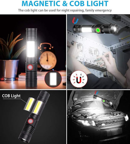 Rechargeable Tactical Flashlight, USB Magnetic Flashlights with COB Flash Light - 4 Models, Zoomable, Waterproof, LED Tactical Flashlight High Lumen Bright for Indoor Outdoor Camping 2 Pack