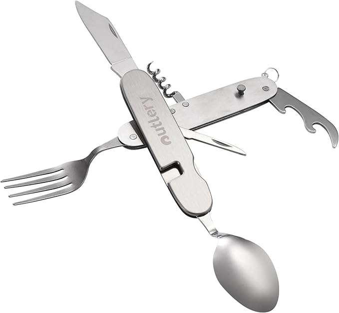 Outlery Survival Pocket Knife - Functional Backpacking Knife with Utensils and Utility Tool - Multifunction and Tactical for Camping or Hiking - Silver, Stainless Steel Multitool - H0.9xL4xW1.3 Inches