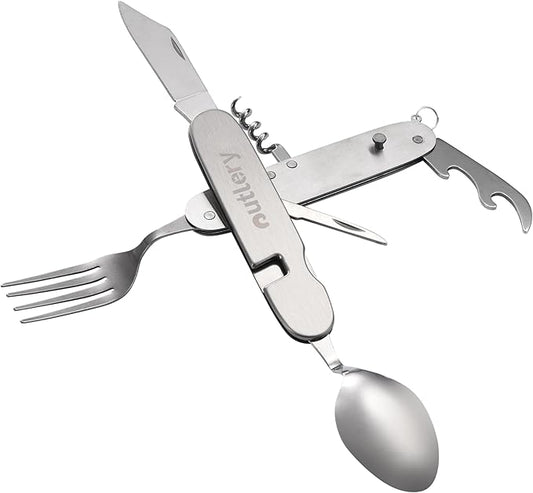 Outlery Survival Pocket Knife - Functional Backpacking Knife with Utensils and Utility Tool - Multifunction and Tactical for Camping or Hiking - Silver, Stainless Steel Multitool - H0.9xL4xW1.3 Inches