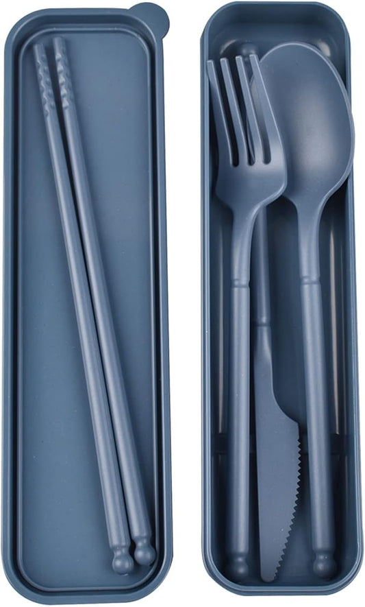 Camping Utensil Set, Reusable Utensils Set with Case, Plastic Cutlery Set Forks Spoon Tableware Chopsticks, Portable Cutlery Set for Travel Picnic Camping or Daily Use (Dark Blue)