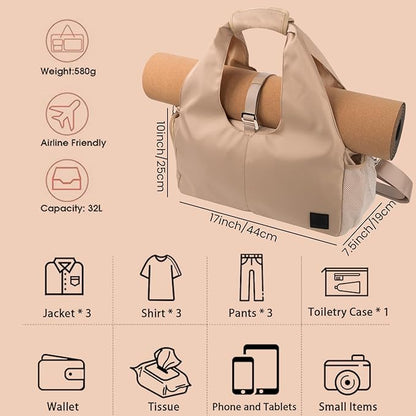 Yoga Bag for Women – 17 Inch Waterproof 210D Polyester, Detachable Strap, Insulated Tumbler Pocket, Double Zipper, Ventilated Gym Tote