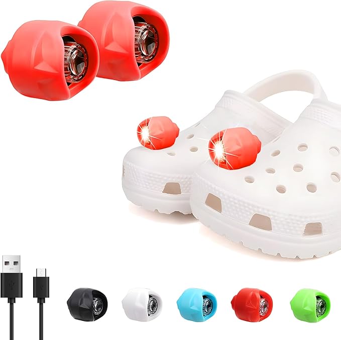 Vergissm Rechargeable Headlights for Croc 2pcs, Flashlights Attachment for Croc, Croc Lights for Shoes with 3 Light Modes for Camping, Dog Walking, Light Charm Accessories for Adult Kid (Red)