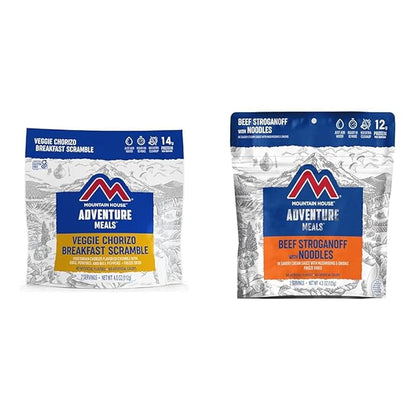 Mountain House Veggie Chorizo Breakfast Scramble 2-Servings & Beef Stroganoff with Noodles 2 Servings Freeze-Dried Backpacking & Camping Food Bundle