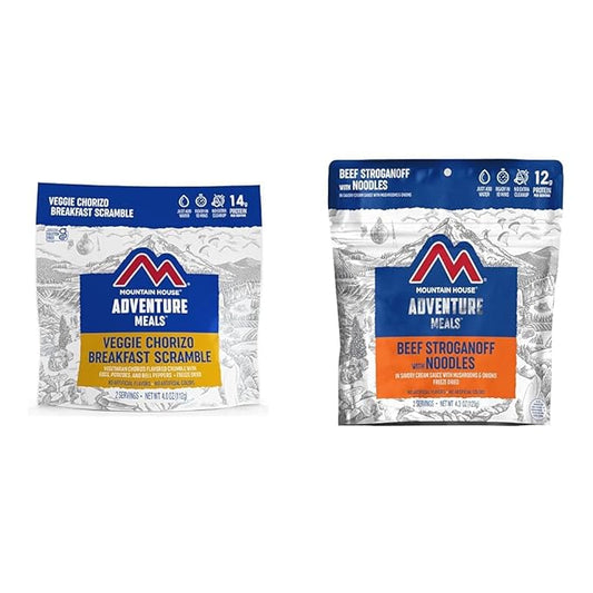 Mountain House Veggie Chorizo Breakfast Scramble 2-Servings & Beef Stroganoff with Noodles 2 Servings Freeze-Dried Backpacking & Camping Food Bundle