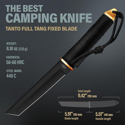Tanto Camping Knife with Sheath - 3+ Colors - 5,9" Fixed Full Tang Mirror Polished Blade - Cool Survival Knives with Black Paracord Handle - Tactical Work Knives for Hunting Hiking EDC 2307 Black