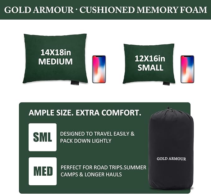 Gold Armour Camping Pillow Memory Foam - Compact Compressible Backpacking, Hammock, and Travel Pillows for Kids and Adults - Essential Outdoor & Camping Gear (Small 12 x 16in, Green)