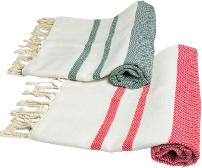 2 Oversize Cotton Travel Towel Pack Quick Dry Camping Pool Hiking Compact Portable Lightweight Absorbent Breathable Keep Warm Airplane Blanket (Pine Green and Bright Red)