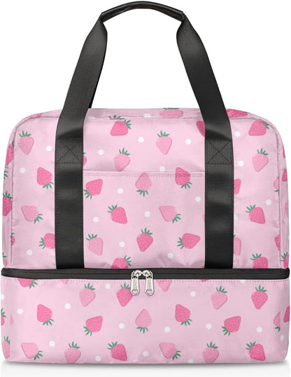 Sports Gym Bag Cute Strawberry Pink Travel Duffel Bag Waterproof Lightweight Swim Bag Travel Tote Luggage Weekender Overnight Handbag Workout Bag with Shoes Compartment for Women Men