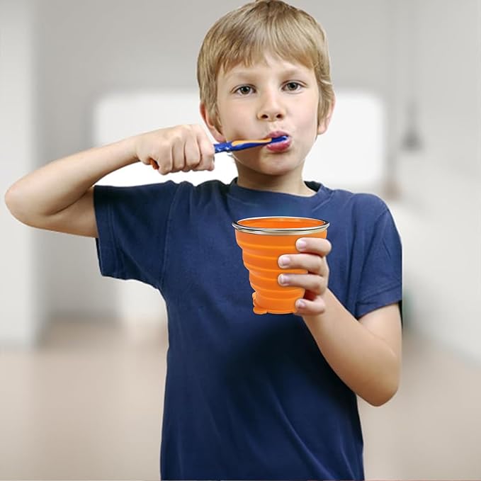 Silicone Small Foldable Cup-Expandable Folding Drinking Cup -Reusable Portable Mugs Cup with Lids For Travel, Camping, Hiking, Survival, Holiday, Outdoor Sports Grey+Orange