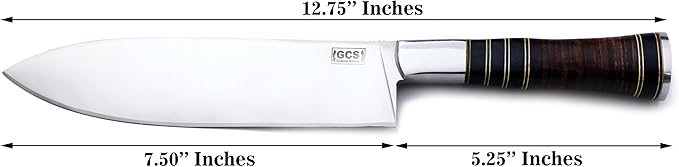 GCS Handmade Stacked Leather Handle D2 Tool Steel Chef Knife with leather Buffalo Hide Sheath 130
