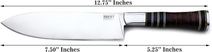 GCS Handmade Stacked Leather Handle D2 Tool Steel Chef Knife with leather Buffalo Hide Sheath 130