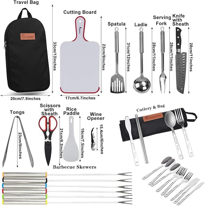 Bisgear Backpacking Camping Cookware Camp Kitchen Utensil BBQ Organizer Travel Mess Kit with Water Resistant Case, Cutting Board, Rice Paddle, Tongs, Scissors, Knife, Spork