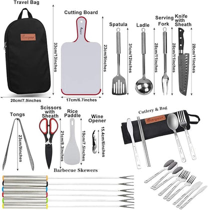 Bisgear Backpacking Camping Cookware Camp Kitchen Utensil BBQ Organizer Travel Mess Kit with Water Resistant Case, Cutting Board, Rice Paddle, Tongs, Scissors, Knife, Spork