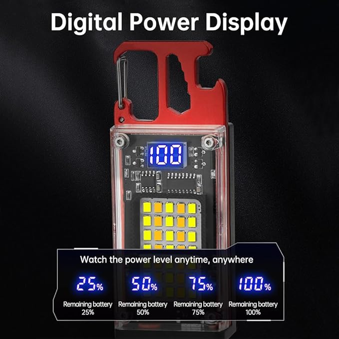 Key Chain Light, LED Small Flashlight, COB Multi-Function Mini Work Light, 1000 Lumens Rechargeable, 8 Lighting Modes with Bottle Opener, Portable Wrench, Fire Starter Function, Red