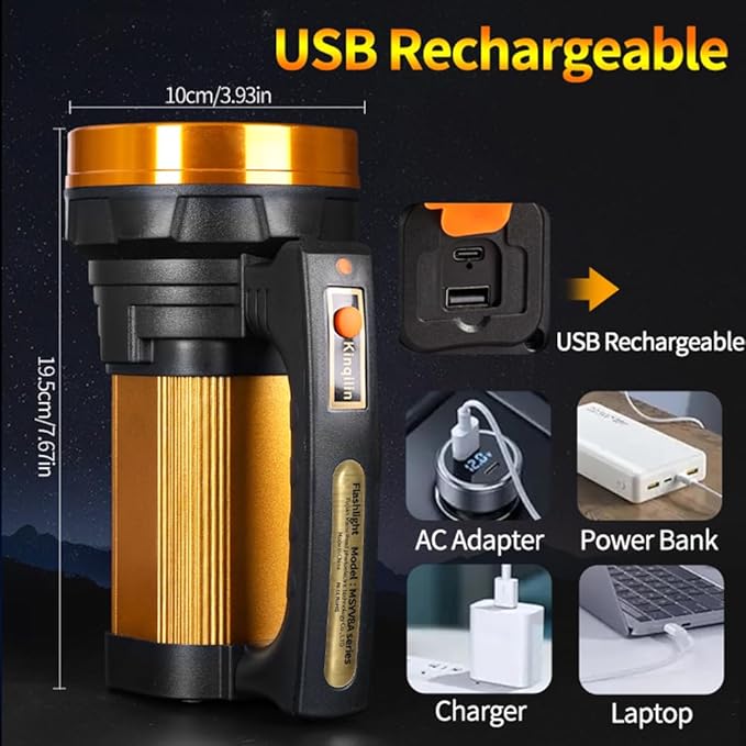 Super Bright Flashlight 800,000LM 6800mAh Handheld Spotlight,50H Long Lasting Rechargeable Spotlight IP67 Waterproof Bright Flashlight Lightweight for Camping Hiking Boating(Aluminium head ring)