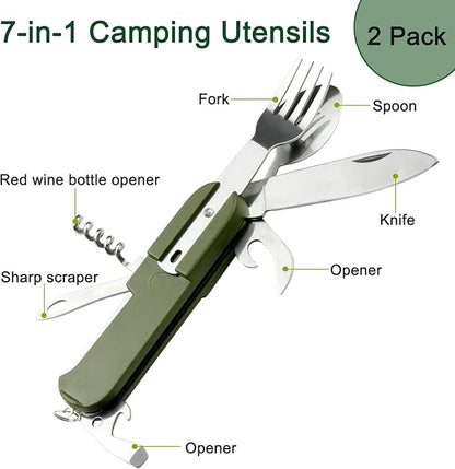 2 Pack 7-in-1 Camping Utensils - Portable Stainless Steel Camping Fork Spoon Knife Set for Camping, Hiking, Picnics Outdoor Enthusiasts, and Travel - Essential Survival Utensil Tool Kit