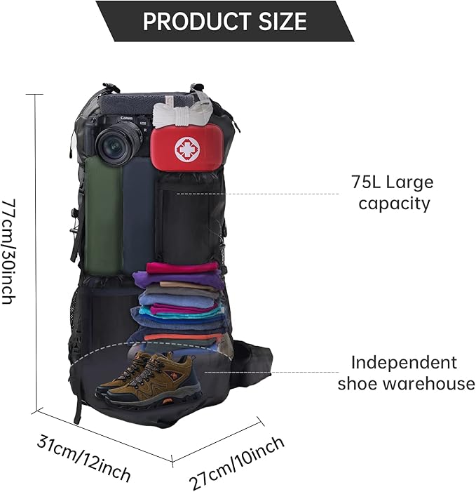 King'sGuard Hiking Backpack for Men and Women 70L+5L Waterproof Lightweight Camping Daypack with Rain Cover - Frameless (black-b)