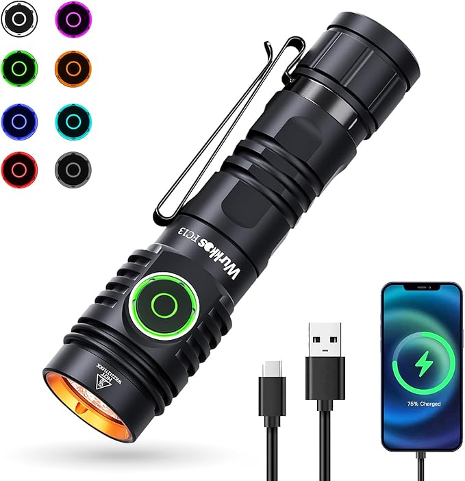 Wurkkos Rechargeable LED Flashlights Max 2050 High Lumens Flashlight USB C Charging, Anduril 2.0 UI, RGB AUX Switch, IP68 Waterproof Great for Camping, Hiking, Dog Walking (Black SFT40-6500K)