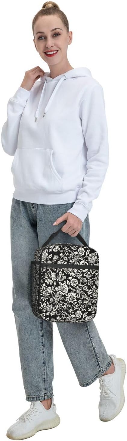 Modern Vintage Whimsical Floral Lunch Box for Women, Flower Tote Bag for Girls, Kids Lunch Bag Reusable Insulated Lunch Bag for School Work Picnic