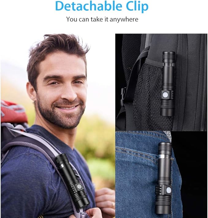 Flashlights USB Rechargeable, Tactical Led Flashlight, 4 Models, Zoomable, Waterproof, High Lumens Flashlight with Clip for Camping, Hiking and Outdoor