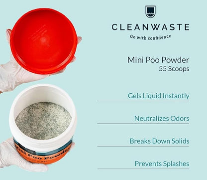 Cleanwaste Portable Mini Poo Powder Deodorizing Waste Treatment - 55 Scoops - Pee and Poop Gelling Powder for Camping, Travel, Emergencies