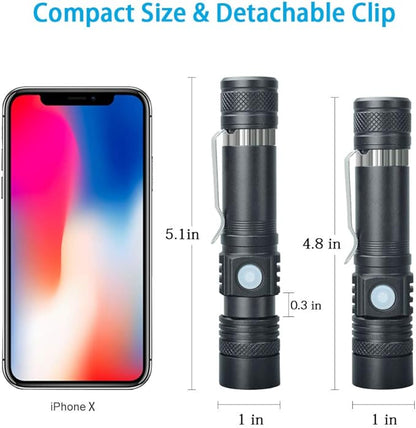 Flashlights USB Rechargeable, Tactical Led Flashlight, 4 Models, Zoomable, Waterproof, High Lumens Flashlight with Clip for Camping, Hiking and Outdoor