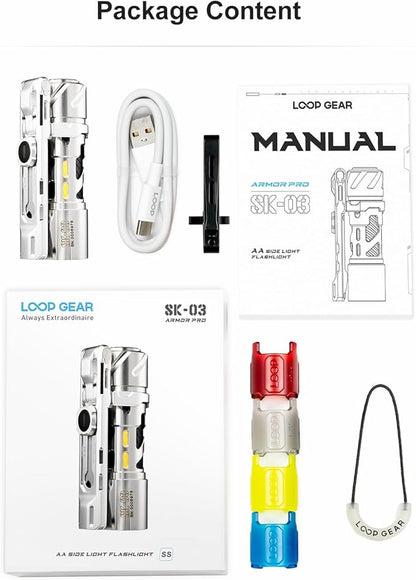 SK03 Pro LED Rechargeable Flashlight, 2 in 1 Magnetic Bracket, Side Light with 4 Colors Filters, 10 Modes, IP65 Waterproof, Mini AA LED Flashlight for Camping, Hiking, Walking