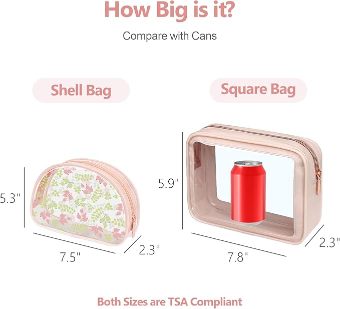 PACKISM TSA Approved Toiletry Bag - Pink Floral Print Clear Shell Bag and Upgrade Color-Edged Clear Travel Bag, Perfect for On the Go or Travel, Lightweight and Robust, 2 Pack