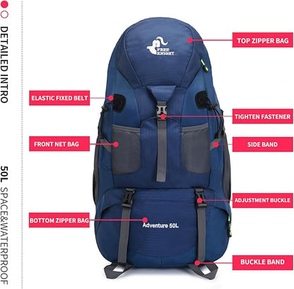 Bseash 50L Hiking Backpack, Water Resistant Lightweight Outdoor Sport Daypack Travel Bag for Camping Climbing Touring (Navy Blue - With Shoe Compartment)
