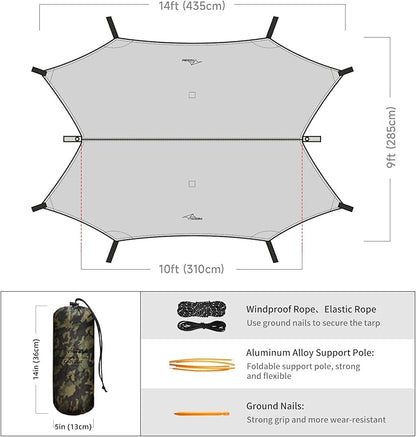 Ultralight Tarp, 14ft Hammock Rain Fly Lightweight Waterproof Camping Tent Tarp with Doors, Bushcraft Tarp Shelter for Backpacking Hiking Camping