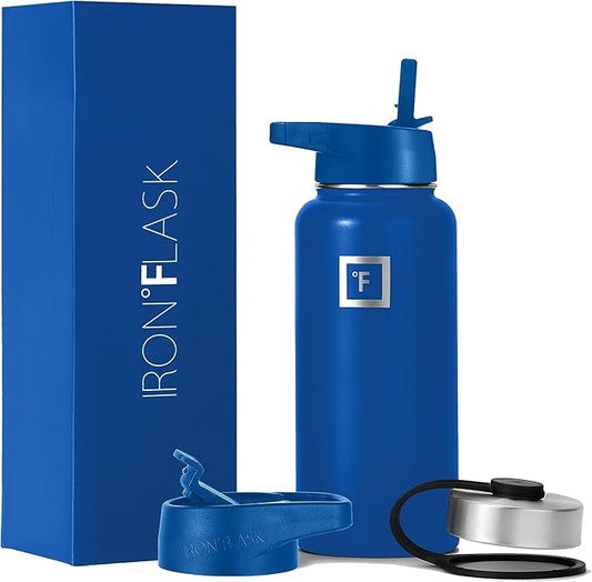 IRON °FLASK Camping & Hiking Hydration Flask, Wide Mouth, 3 Straw Lids, Stainless Steel Outdoor Water Bottle, Double Walled, Insulated Thermos, Metal Canteen - Cobalt, 32 Oz