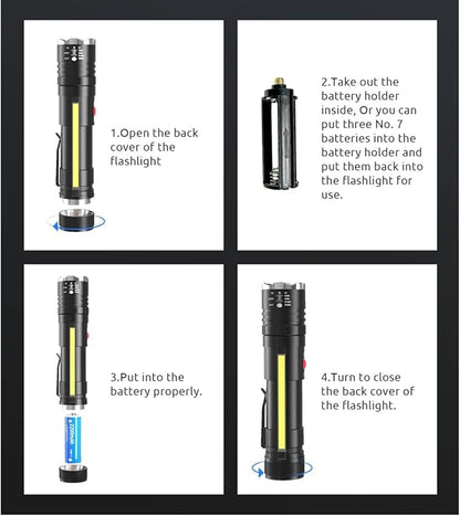 DPZTT Rechargeable Flashlight, Magnetic Led Flashlight, Super Bright Pocket-Sized Work Flashlights with Clip, 4 Modes, Zoomable, Water Resistant for Camping Hiking-Black
