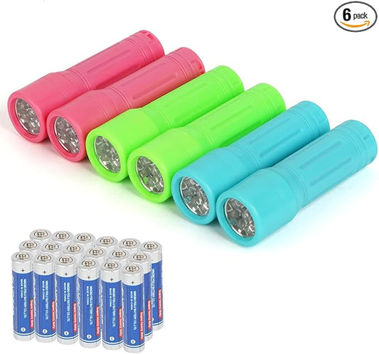 9-LED Mini Flashlight 6-Pack, Small Multicolor Kids Flashlights with Lanyard, 18 AAA Batteries Included, for Hurricane Supplies Party Favors, Kids Gift