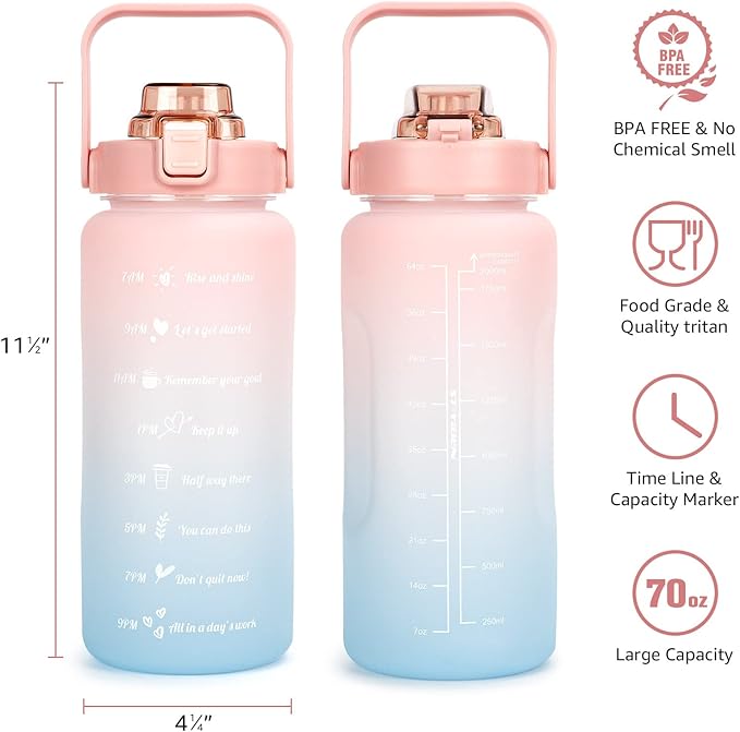 64oz Half Gallon Water Bottle With Sleeve, Water Bottles with Time Marker/Straw/Chug One Lids, Leakproof Tritan BPA Free Reusable Water Jug Easy Carry for Adult and Kids Gym Sports Outdoors