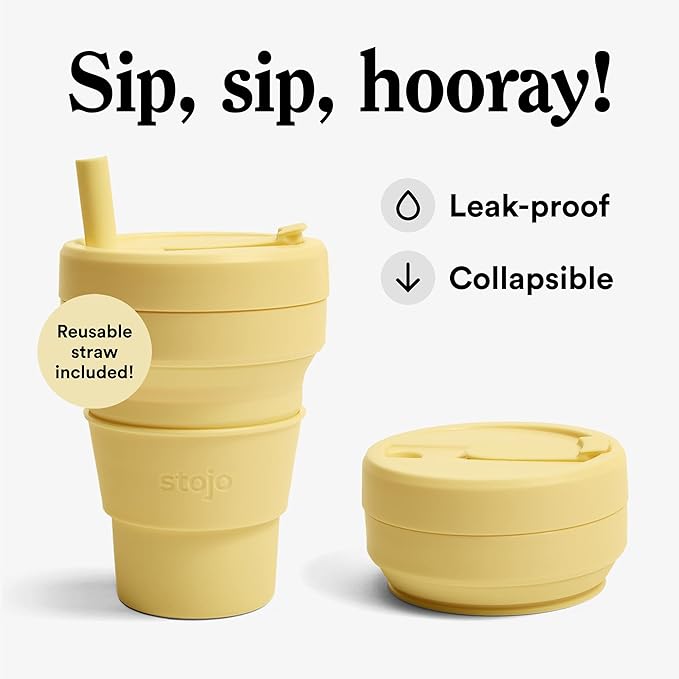 STOJO Jr Collapsible Travel Cup with Straw for Kids - Mimosa Yellow, 8oz / 250ml - Leak-Proof Reusable To-Go Pocket Size Silicone Bottle for Hot & Cold Drinks - Camping & Hiking - Dishwasher Safe