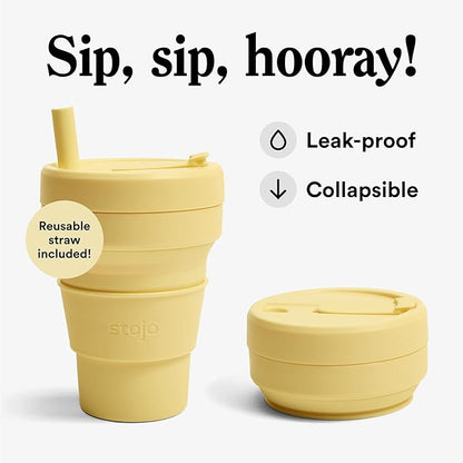 STOJO Jr Collapsible Travel Cup with Straw for Kids - Mimosa Yellow, 8oz / 250ml - Leak-Proof Reusable To-Go Pocket Size Silicone Bottle for Hot & Cold Drinks - Camping & Hiking - Dishwasher Safe
