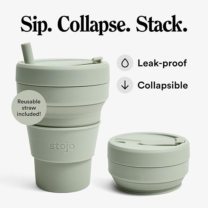 STOJO Titan Collapsible Travel Cup With Straw - Sage Green, 24oz / 710ml - Reusable To-Go Pocket Size Silicone Cup for Hot & Cold Drinks - Camping and Hiking - Microwave & Dishwasher Safe