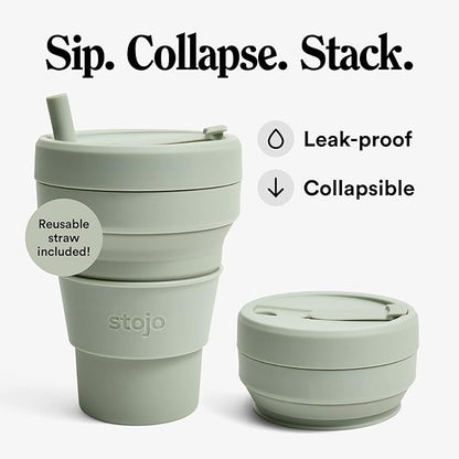 STOJO Titan Collapsible Travel Cup With Straw - Sage Green, 24oz / 710ml - Reusable To-Go Pocket Size Silicone Cup for Hot & Cold Drinks - Camping and Hiking - Microwave & Dishwasher Safe