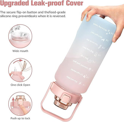 64oz Half Gallon Water Bottle With Sleeve, Water Bottles with Time Marker/Straw/Chug One Lids, Leakproof Tritan BPA Free Reusable Water Jug Easy Carry for Adult and Kids Gym Sports Outdoors
